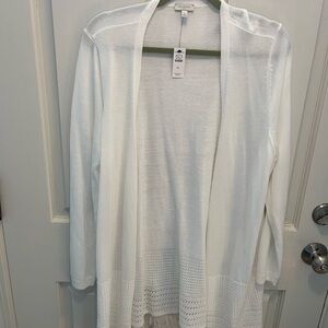 Talbots White Open-Front Knit Fringe Cardigan